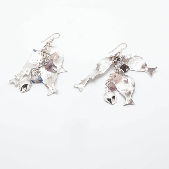 Vintage Sterling Silver Lapis Lazuli Amethyst Fish Dangle Earrings - Picture 5 of 6